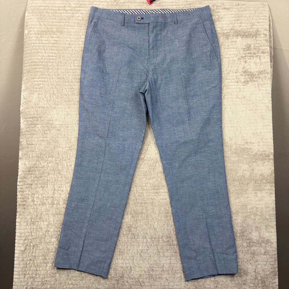 Paisley &‎ Gray Mens Slim Fit Linen Blend Trousers Blue Chambray Pants 36W 32L